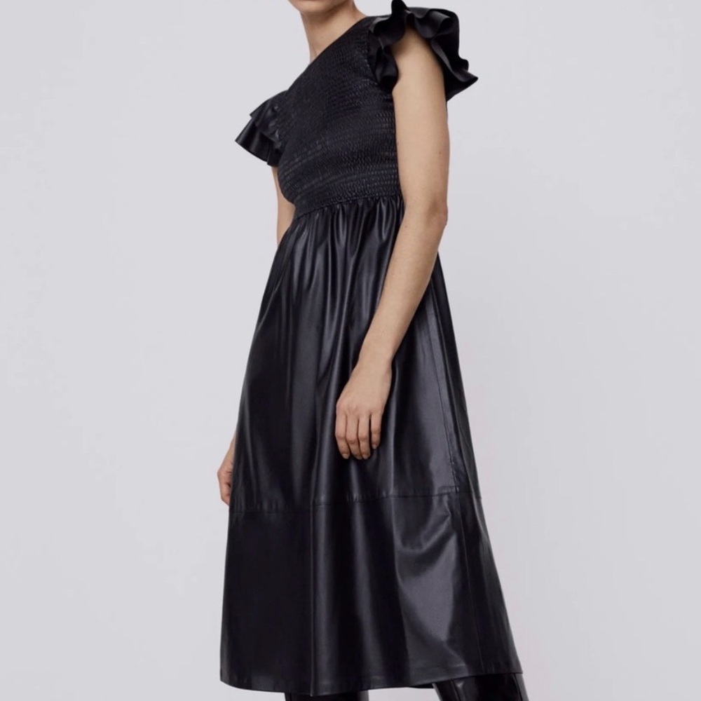 Zara Black Faux Leather Dress with Ruffles